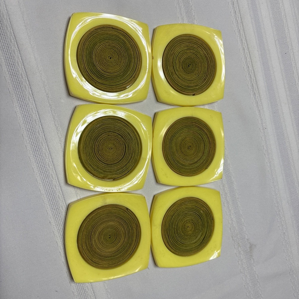Vintage MCM Mid Century Set of 6 Plastic Drink Coasters Yellow